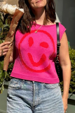 Yellow Casual Smiley Face Weave Contrast Round Neck Sleeveless Knitted Tank Tops Vest