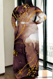 Black Floral Print V Neck 3/4 Sleeve Lace Up Casual Outing Plus Size Straight Loose Maxi Dresses