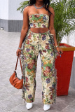 Multicolor Vacation Casual Floral Print Lace Up Strapless Sleeveless Tube Tops and Tassel Trim Straight Leg Cargo Pants Two Pieces Sets