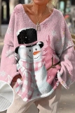 Blue Christmas Loose Casual Print V Neck Long Sleeve Sweater Tops