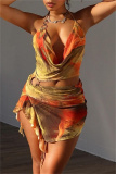 Yellow Watercolor Print Scoop Neck Sleeveless Side Cut-Out with O-Ring Asymmetrical Hem Vacation Beach Bodycon Mini Dress