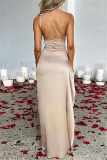 Apricot Sleeveless Backless One-Shoulder Ruched Waist High Thigh Slit Evening Party Bodycon Satin Maxi Dress
