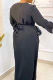 Black African Ethnic Print V Neck Long Sleeves Front Hot Drill Embroidery Decor Belted Waist Straigh Loose Religious Gatherings Abaya Maxi Dress