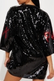 Black Letters Print O Neck Half Sleeve Casual Outing Shimmer Sequins T Shirt Mini Dress