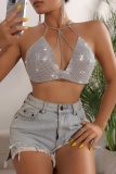 Silver Sexy Nightclub Party Chains Backless Halter Bikini Cami Tops