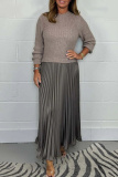 Khaki Long Sleeve Ribbed Knit Top and High Waist Pleated Skirt Sweater Maxi Dress Perfect for Office or Casual Wear