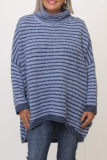 Blue Loose Casual Deer Plush Stripe Contrast Turtleneck Long Sleeve Fall Winter Tops Sweater Blouses