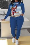 Cyanine Christmas Skinny Casual Santa Claus Letter Print Hooded Long Sleeve Tops and Pants Fall Winter Two Pieces Sets
