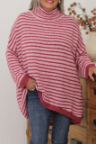 Blue Loose Casual Deer Plush Stripe Contrast Turtleneck Long Sleeve Fall Winter Tops Sweater Blouses