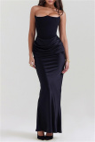 Black Sleeveless Off Shoulder Strapless Backless Formal Floor Length Formal Party Ruched Bodycon Prom Maxi Satin Dress
