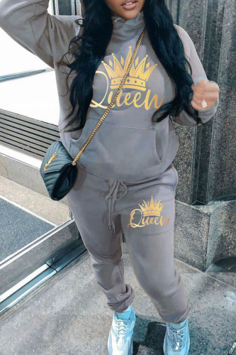 Grey Sportwear Casual Letter Print Hooded Long Sleeve Sweatshirt and Sweatpants Fall Winter Two Pieces Sweatsuits Sets