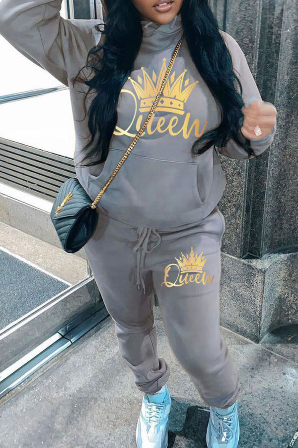 Grey Sportwear Casual Letter Print Hooded Long Sleeve Sweatshirt and Sweatpants Fall Winter Two Pieces Sweatsuits Sets