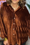 Purple Pleuche Loose Casual Button up Turndown Collar Long Sleeve Tops Shirts