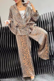 Black Casual Leopard Draw String Zipper Turndown Collar Long Sleeve Jacket and Wide Leg Pants Two Pieces Sets