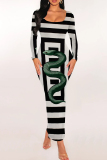 Light Khaki Zebra Print U Neck Long Sleeve Ankle Length Casual Outing Bodycon Pencil Maxi Dress