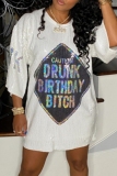 Black Letters Print O Neck Half Sleeve Casual Outing Shimmer Sequins T Shirt Mini Dress