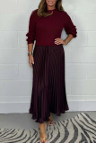 Khaki Long Sleeve Ribbed Knit Top and High Waist Pleated Skirt Sweater Maxi Dress Perfect for Office or Casual Wear