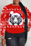 Red White Christmas Casual Animal Letter Print Draw String Hooded Collar Long Sleeve Fall Winter Sweatshirts Tops