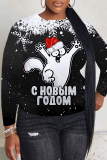 Red White Christmas Casual Animal Letter Print Draw String Hooded Collar Long Sleeve Fall Winter Sweatshirts Tops