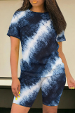Purple Pink Casual Tie Dye Round Neck Short Sleeve T-shirt and Skinny Shorts Two Pieces Matching Sets