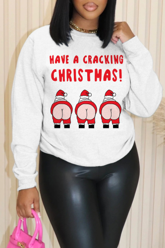 Black Apricot Christmas Casual Letter Santa Claus Print Round Neck Long Sleeve Fall Winter Sweatshirts Tops