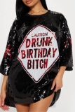 Black Letters Print O Neck Half Sleeve Casual Outing Shimmer Sequins T Shirt Mini Dress