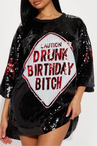 Black Letters Print O Neck Half Sleeve Casual Outing Shimmer Sequins T Shirt Mini Dress