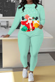Cyanine Christmas Skinny Casual Santa Claus Letter Print Hooded Long Sleeve Tops and Pants Fall Winter Two Pieces Sets