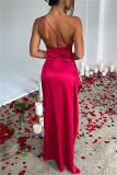 Apricot Sleeveless Backless One-Shoulder Ruched Waist High Thigh Slit Evening Party Bodycon Satin Maxi Dress