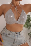 Silver Sexy Nightclub Party Chains Backless Halter Bikini Cami Tops