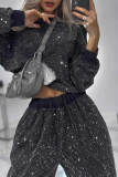 Black Sportwear Sequined Round Neck Long Sleeve Sweatshirt and Draw String Sweatpants Fall Winter Two Pieces Sweatsuit Sets
