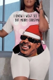 Light Grey Christmas Casual Figure Letter Print Round Neck Short Sleeve T-shirt and Shorts Two Pieces Matching Sets