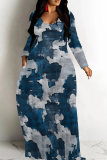 Black White Striped Floral Print V Neck Long Sleeve Floor Length Casual Outing Oversized Hem Loose Maxi Dress