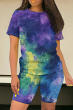 Purple Pink Casual Tie Dye Round Neck Short Sleeve T-shirt and Skinny Shorts Two Pieces Matching Sets