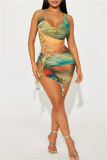 Yellow Watercolor Print Scoop Neck Sleeveless Side Cut-Out with O-Ring Asymmetrical Hem Vacation Beach Bodycon Mini Dress
