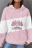 Dark Pink Casual Christmas Tree Print Contrast Draw String Hooded Collar Long Sleeve Fall Winter Sweatshirts Tops