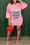 Black Letters Print O Neck Half Sleeve Casual Outing Shimmer Sequins T Shirt Mini Dress