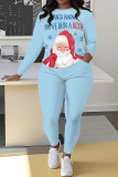 Cyanine Christmas Skinny Casual Santa Claus Letter Print Hooded Long Sleeve Tops and Pants Fall Winter Two Pieces Sets