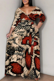 Black Floral Print V Neck 3/4 Sleeve Lace Up Casual Outing Plus Size Straight Loose Maxi Dresses