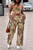 Multicolor Vacation Casual Floral Print Lace Up Strapless Sleeveless Tube Tops and Tassel Trim Straight Leg Cargo Pants Two Pieces Sets