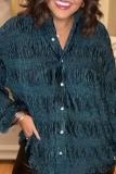 Purple Pleuche Loose Casual Button up Turndown Collar Long Sleeve Tops Shirts