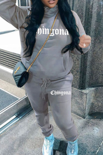 Grey Sportwear Casual Letter Print Hooded Long Sleeve Sweatshirt and Sweatpants Fall Winter Two Pieces Sweatsuits Sets