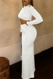 Red Bodycon Party Club Slit Ruched Round Neck Long Sleeve Crop Tops and Maxi Wrap Skirts Two Pieces Dress Sets