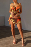 Yellow Watercolor Print Scoop Neck Sleeveless Side Cut-Out with O-Ring Asymmetrical Hem Vacation Beach Bodycon Mini Dress
