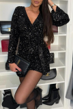 Black Party Club Formal Casual Sequins Lace Up Belted V Neck Long Flare  Sleeve Straight Rompers