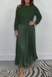 Khaki Long Sleeve Ribbed Knit Top and High Waist Pleated Skirt Sweater Maxi Dress Perfect for Office or Casual Wear