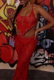 Red Party Club Sexy Lace See-Through Backless Halter Sleeveless Crop Tops and Long Wrap Skirts Two Pieces Dress Sets