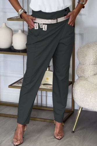 Black Casual With Belt Straight High Waist Straight Pencil Trousers Pants