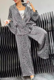 Black Casual Leopard Draw String Zipper Turndown Collar Long Sleeve Jacket and Wide Leg Pants Two Pieces Sets