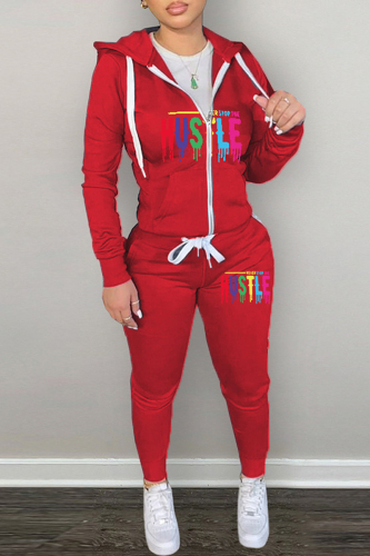 Red Sportwear Skinny Letter Print Pocket Hooded Zipper Collar Long Sleeve Jacket and Sweatpant Fall Winter Two Pieces Sweatsuits Sets